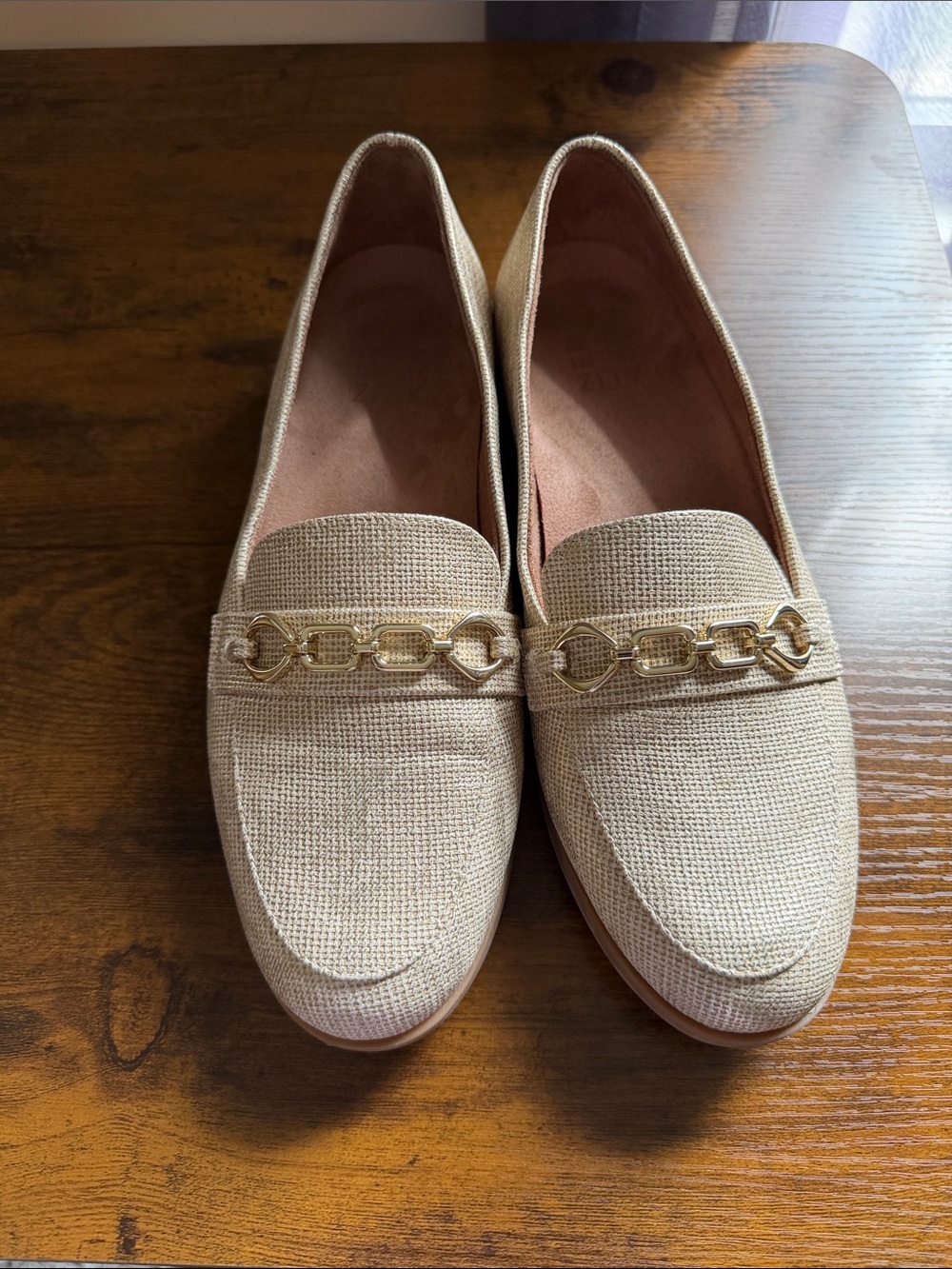 Naturalizer Beige Woven Loafers with Gold Chain Detail